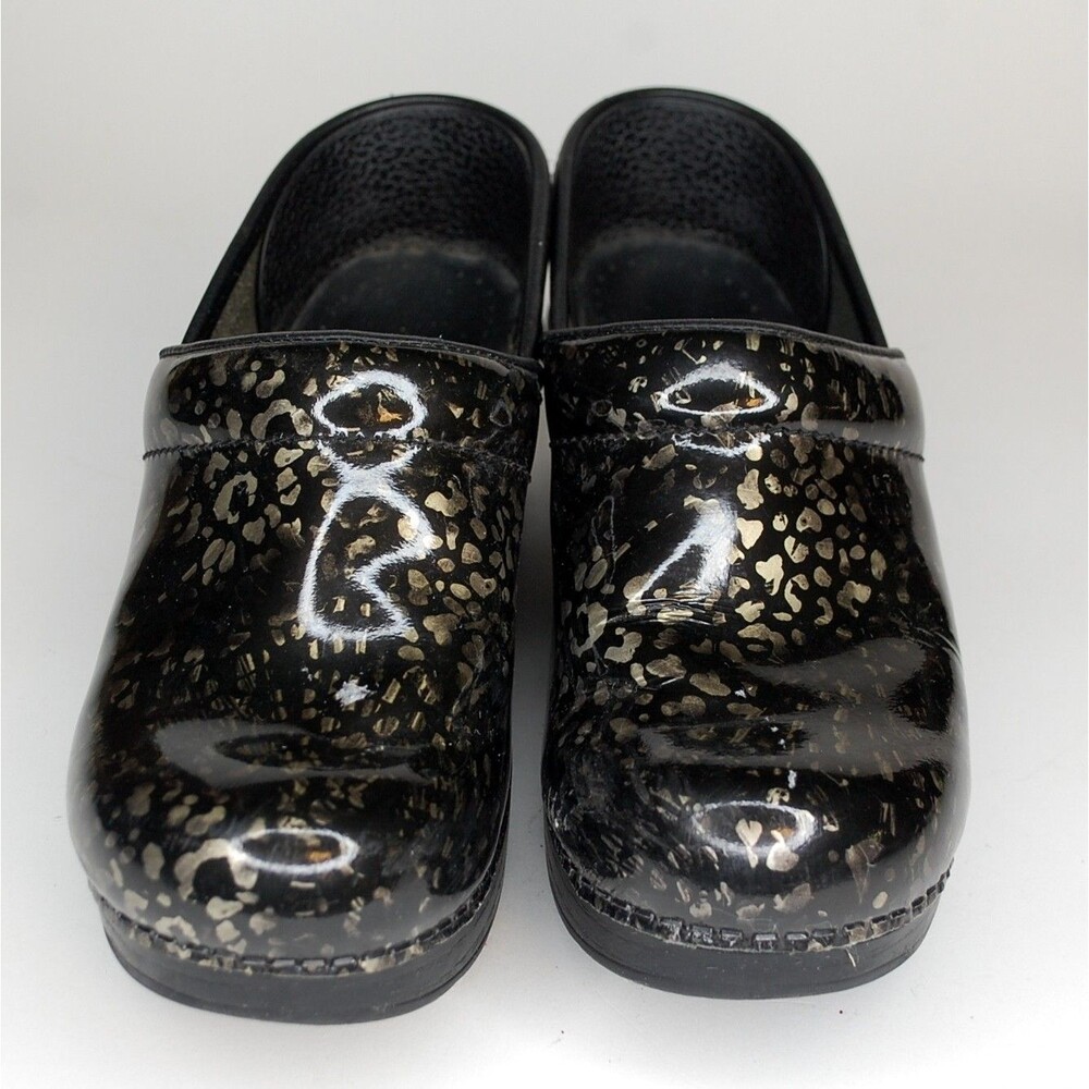 DANSKO Women's Professional Speckled Metallic Black Silver Patent Clogs 37 6.5/7